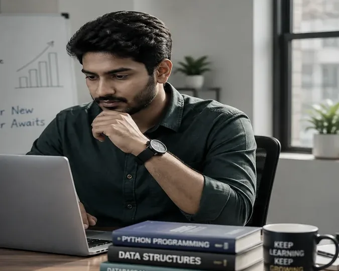 Illustration: Arjun as one more generic developer with a stack of identical resumes