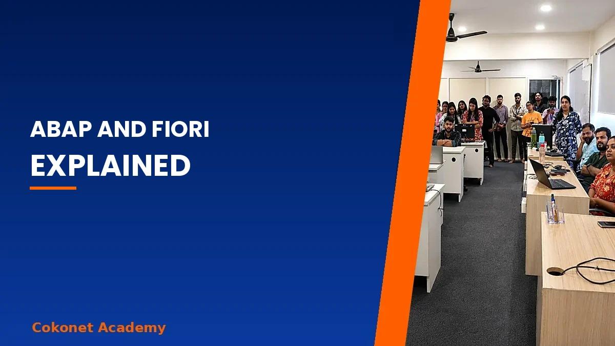 ABAP and Fiori explained banner with a Cokonet Academy classroom