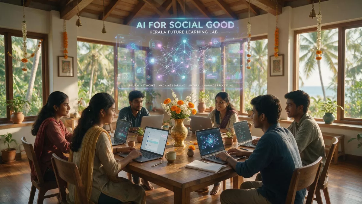 Students in a Kerala AI learning lab exploring generative AI tools together