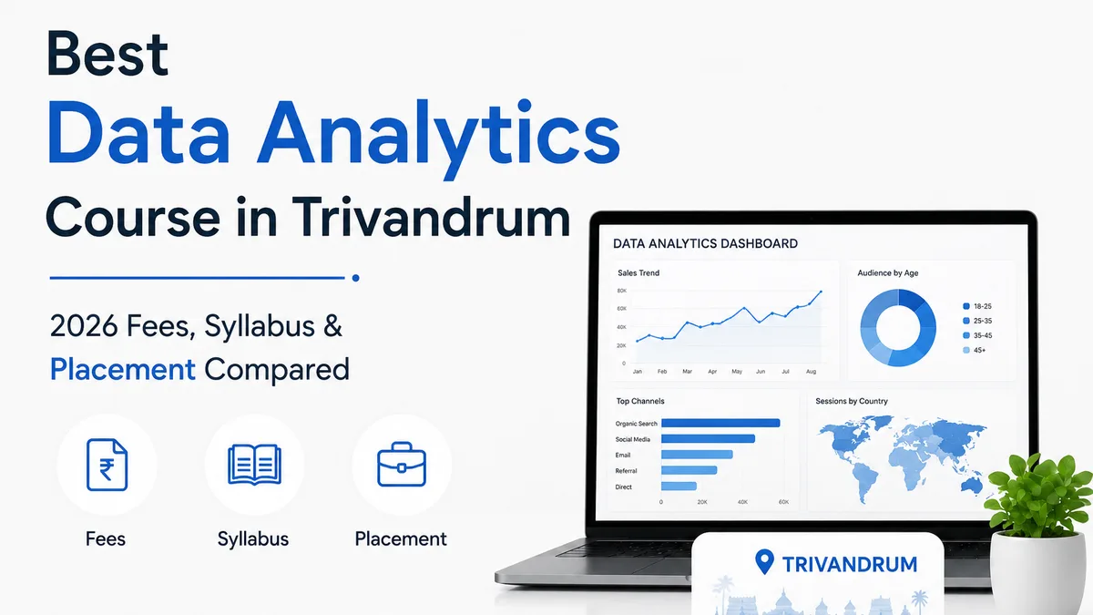 Data analytics student in Trivandrum comparing course fees, syllabus and placement support on dashboards