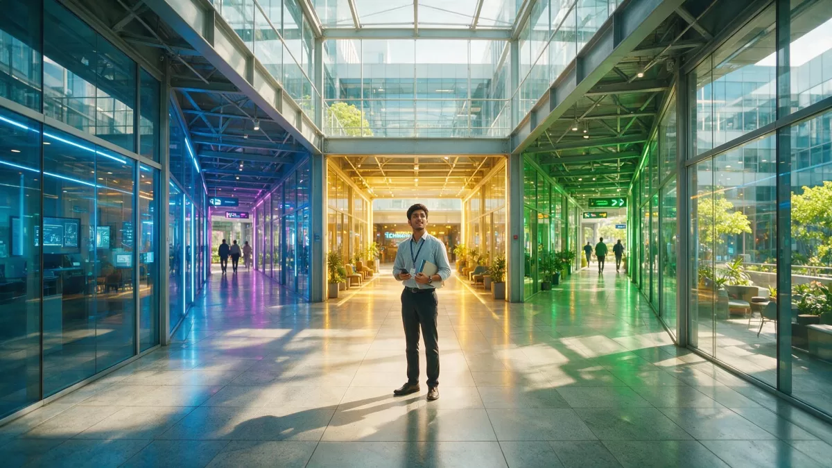 Engineering graduate choosing a career path in a Kerala IT campus corridor