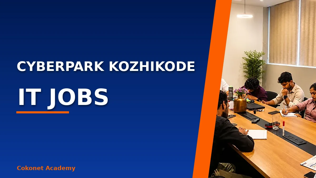 IT professional working at a laptop with the Cyberpark Kozhikode campus in the background