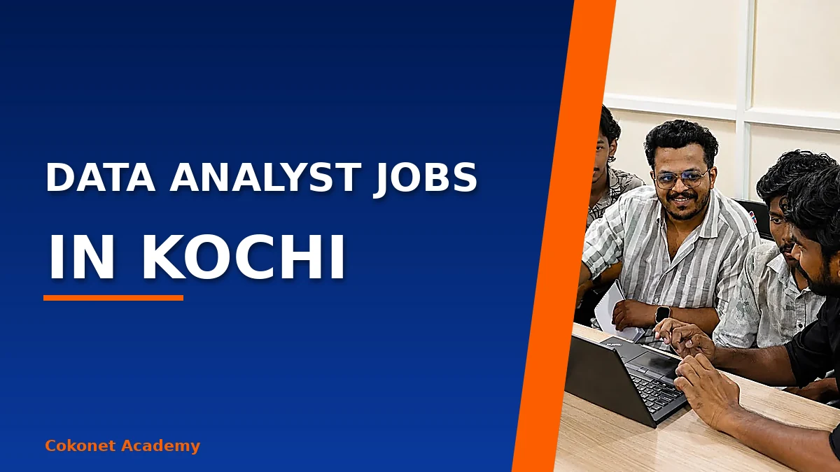Junior data analyst reviewing a Power BI sales dashboard at an Infopark Kochi office