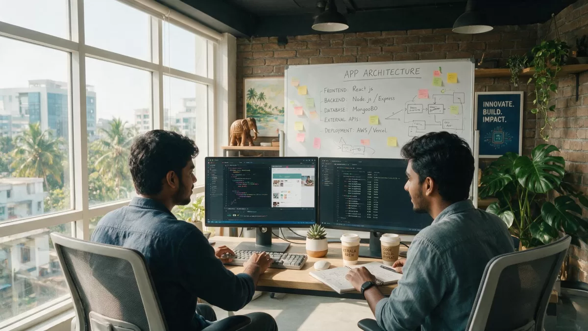 Two developers building a full stack web application in a Kerala tech office