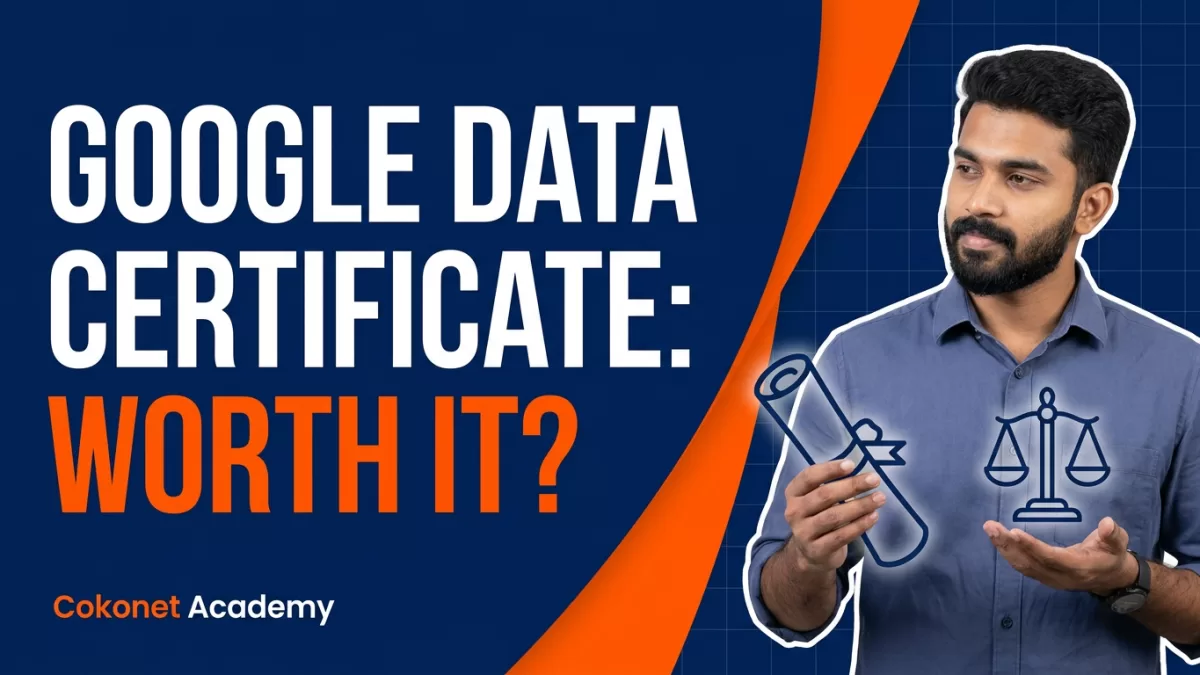 Learner comparing the Google Data Analytics Certificate on a laptop with notes on SQL and dashboards