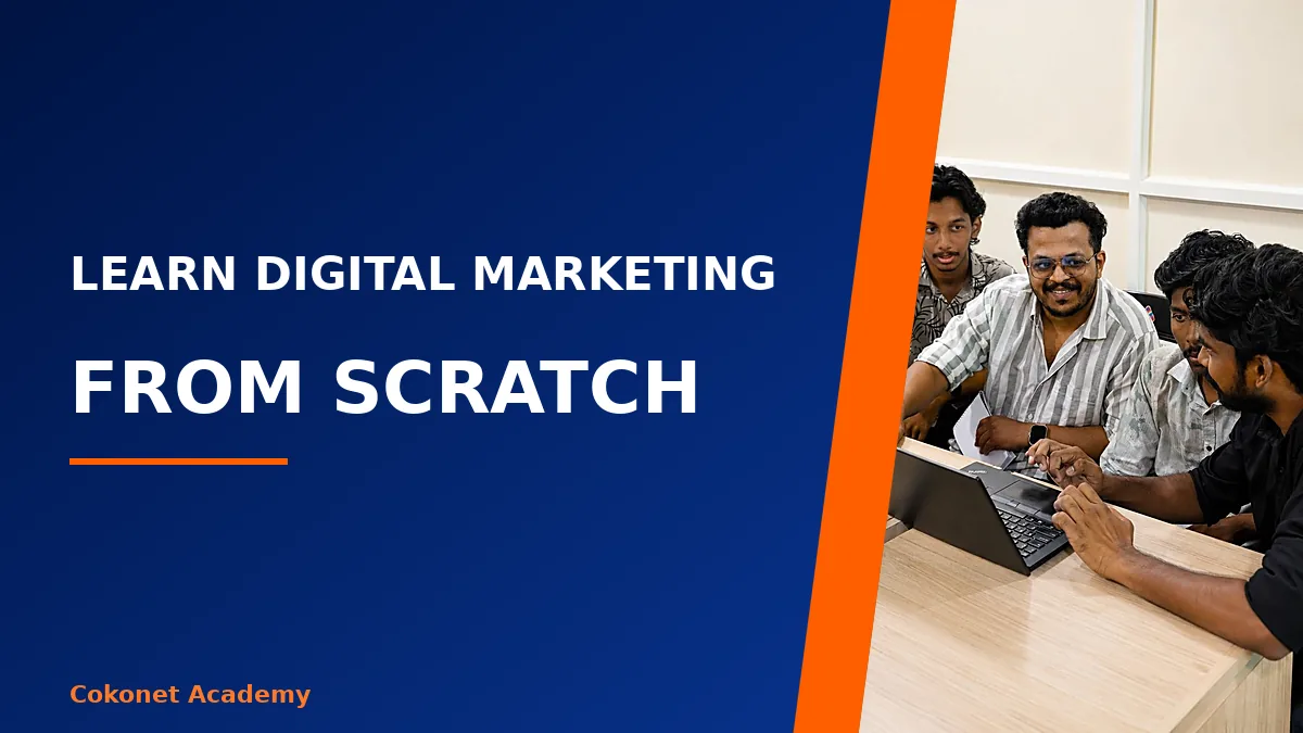 Learn digital marketing from scratch banner with Cokonet learners working together on a laptop