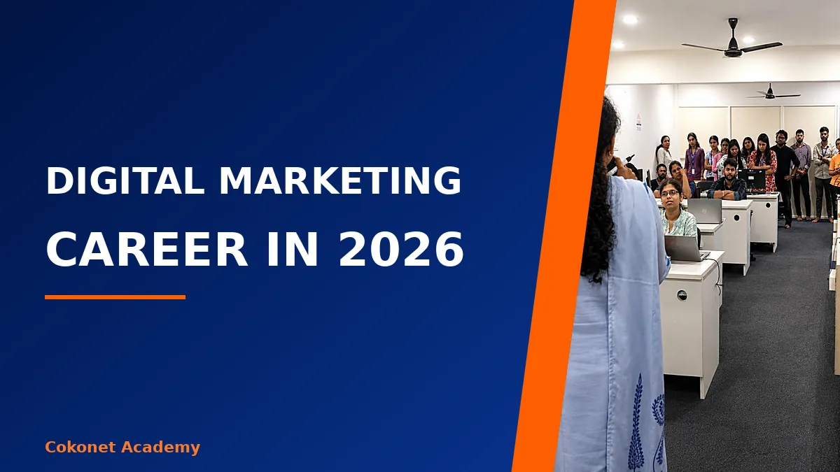 Digital marketing career in 2026 banner with a Cokonet trainer addressing a full classroom of learners