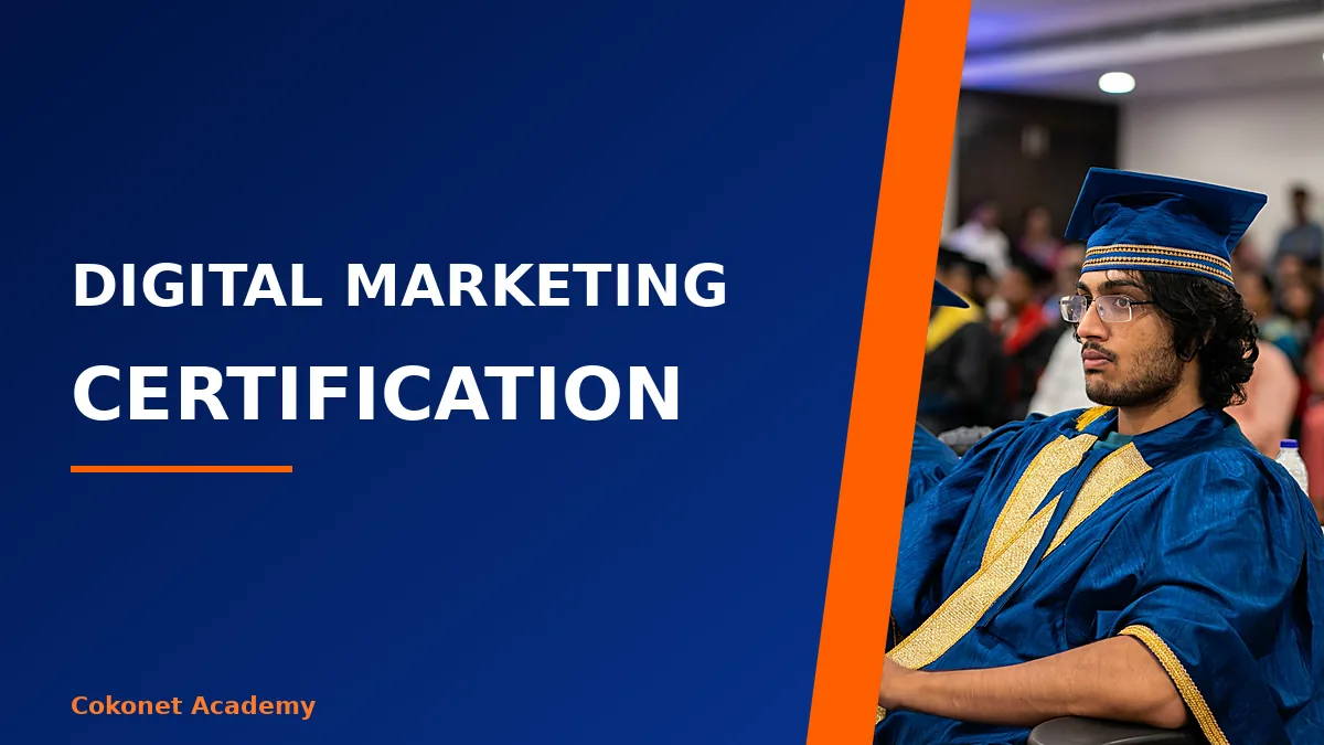 Digital marketing certification banner with a Cokonet graduate in convocation robe and cap