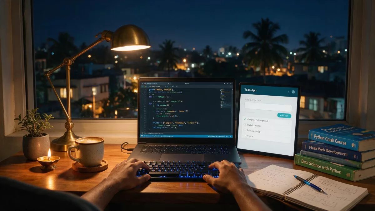 Student learning Python at night in Trivandrum with code editor and running web app