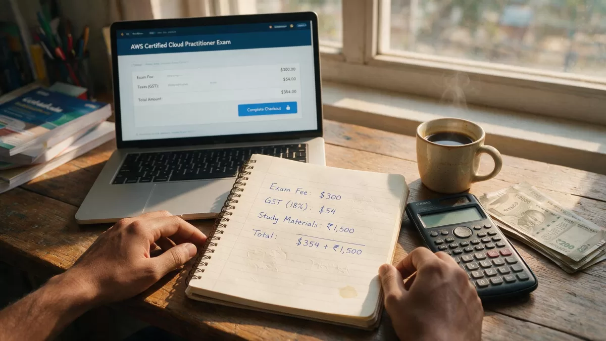Planning SAP certification exam costs in India — desk with laptop and cost worksheet