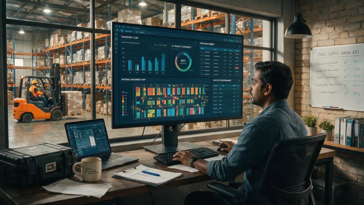SAP MM course — procurement and inventory management dashboards in a supply chain office