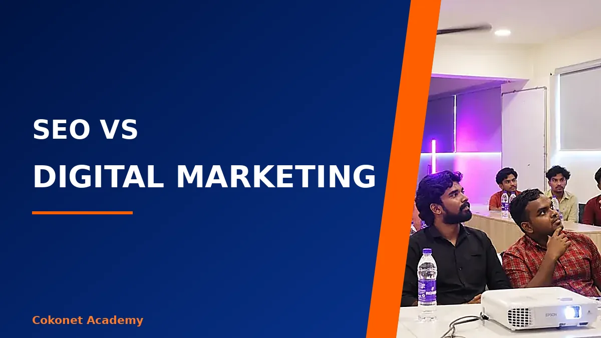 SEO vs digital marketing banner with Cokonet learners in a classroom session