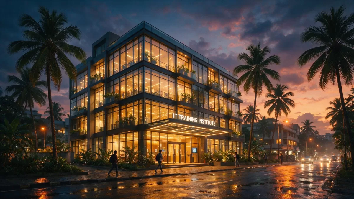 Modern software training institute building in Trivandrum in the evening