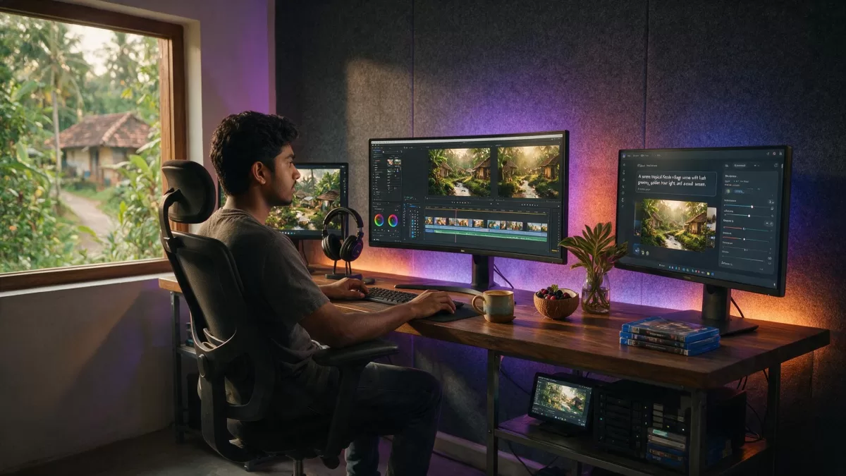 Video editor in Kerala working on a color-graded timeline with AI video tools