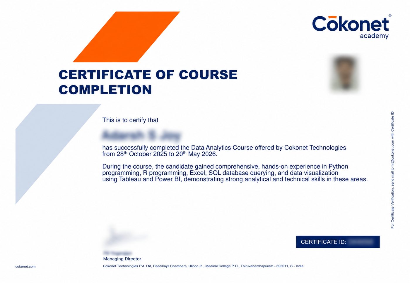 Sample Cokonet Academy data analytics certificate