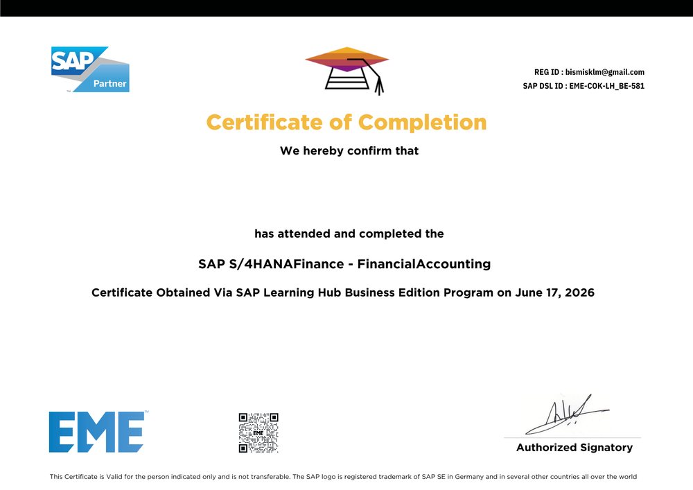 Sample SAP S/4HANA Finance certificate of completion