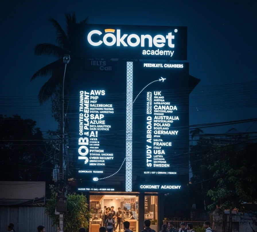 The Cokonet Academy building at Peedikayil Chambers, Ulloor, Thiruvananthapuram, lit up in the evening