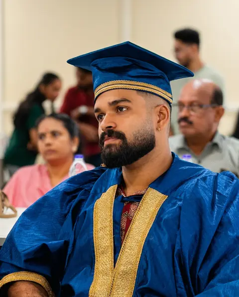 A graduate in a blue robe and cap listening during the ceremony