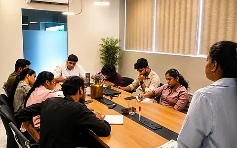 Learner in a professional mock job interview with an interviewer