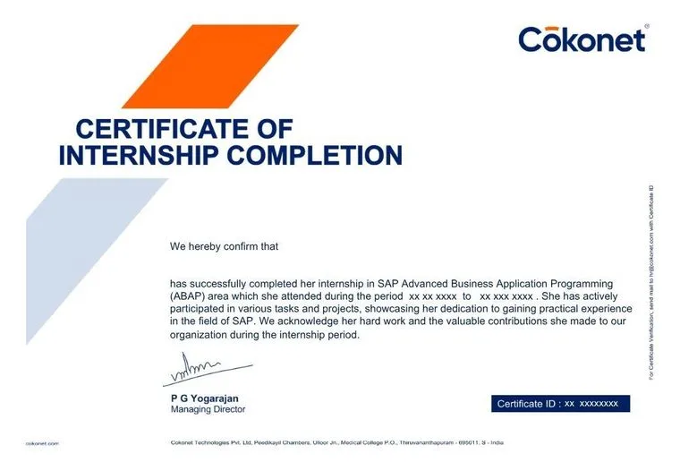 Cokonet certificate of internship completion, SAP ABAP.