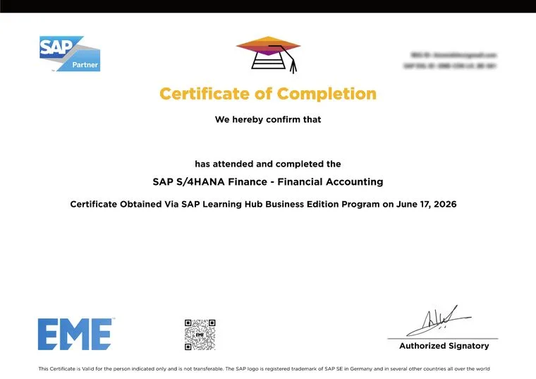 SAP S/4HANA Finance certificate of completion, issued through SAP Learning Hub Business Edition.