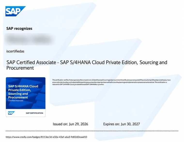SAP Certified Associate, S/4HANA Cloud Private Edition, Sourcing and Procurement.