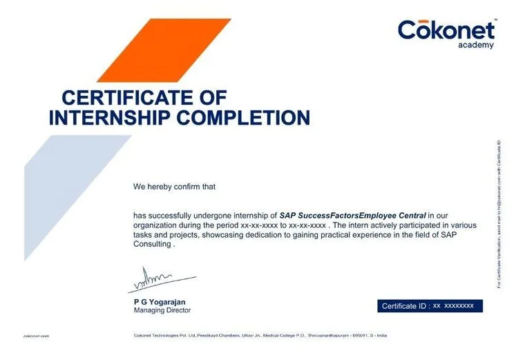 Cokonet certificate of internship completion, SAP SuccessFactors and Employee Central.